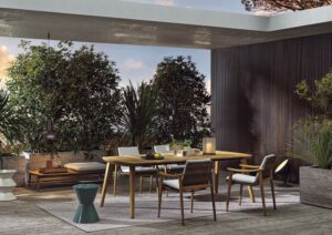 FYNN  outdoor  collection by CAMFRATESI DESIGN 2020. If Minotti is aptly named, new outdoor-furniture family is suggestive of scandinavia, this is no coincidence. The new FYNN outdoor collection ‚Äì comprising armchairs, dining and lounge chairs, stools, footrests, benches and tables  ‚Äì comes from the Copenhagen studio of Gamfratesi, and seeks to blend Scandinavian and Italian values and traditions