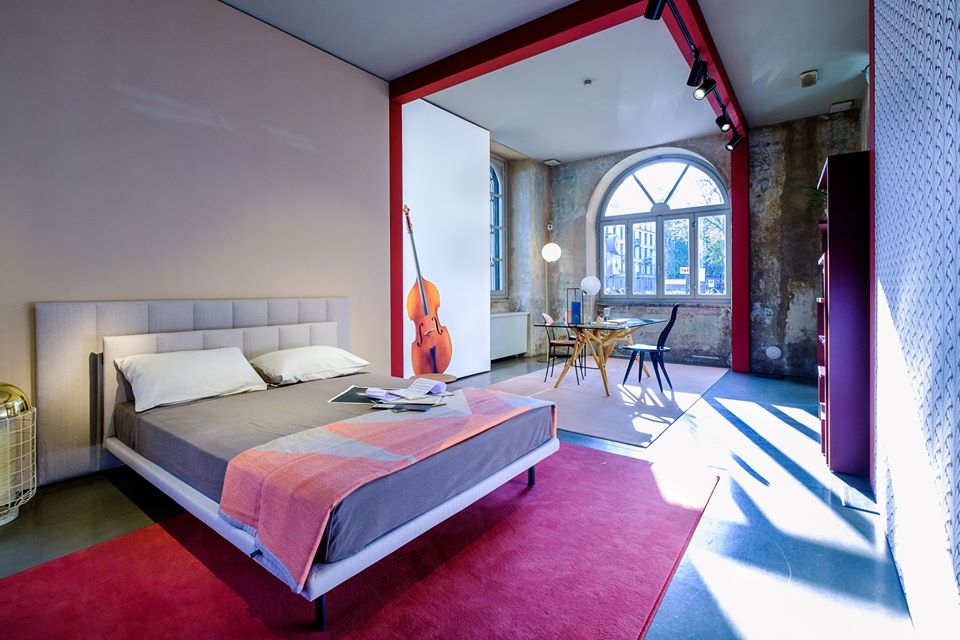 BED GRANGALA BY GABRIELE ROSA  2018.STEEL FEET AND SHELVES COVERED WITH COWHIDE PIGMETATO 90. STEEL FRAME WITH SUSPENSION ON NATURAL BENT BEECH STRIPS. BASE AND HEADBOARD UPHOLSTERED IN POLYURETHANE/HEAT-BOUND POLYESTER FIBRE. REMOVABLE FABRIC OR LEATHER COVER. UPON REQUEST THE MODELS WITH SEPARATE SPRINGING AND THE BED SIZES FOR 210 CM. AND 220 CM. LONG MATTRESSES ARE AVAILABLE.