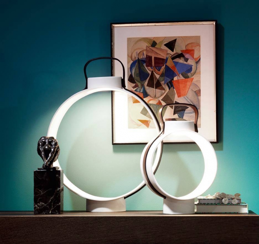 Porcelain lantern with leather belt NIGHTINGALE - designer CHIRSTOPHE DE LA FONTAINE