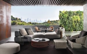 Sofa and ottoman FLORIDA, armchair and ottoman HALLEY, coffee tables CAULFIELD and CESAR - designer RODOLFO DORDONI