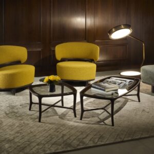 ICOLOUNGE ARMCHAIR designed by ROBERTO LAZZERONI, LOW TABLE JUN square and rectangular. Armchair made in solid American walnut. Seat and back-rest in upholstered poplar plywood. Leg tips in brass. Low table made in solid American walnut, with glass top: transparent, bronzed or smoked.