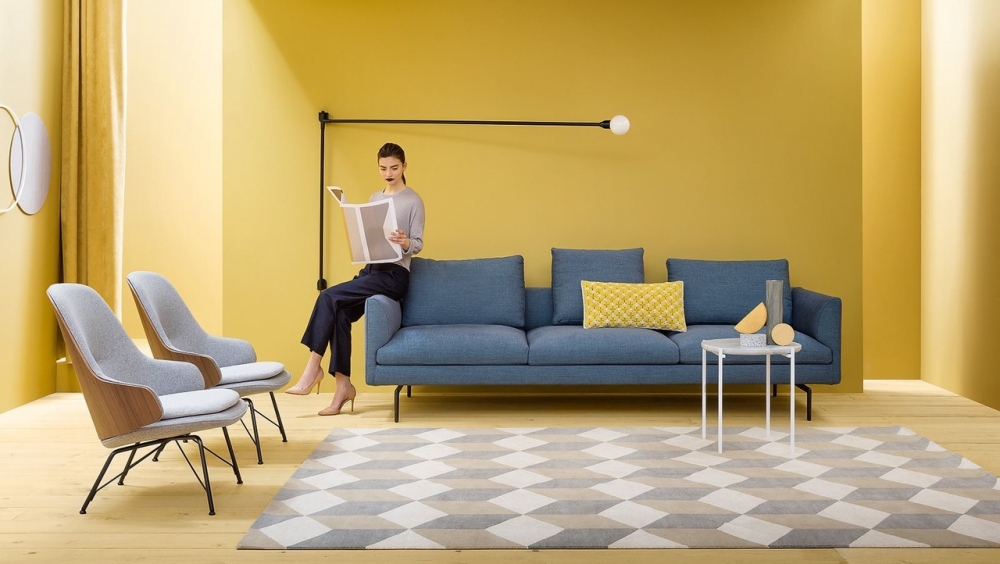 SMALL TABLE NIOBE 648 BY FREDERICA CAPITANI 2016 , MONOBLOC SOFA  FLAMINGO BY DAMIAN WILLIAMSON 2017,  ARMCHAIRS JUDY BY FRANK RETTNBACHER 2017