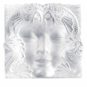 MASQUE DE FEMME PANEL,  HANDMADE CRYSTAL.THE MASQUE DE FEMME PANEL CREATED BY REN√â LALIQUE IN 1935 TO ADORN A FOUNTAIN EMBODIES THE IMAGINATIVE POWER OF ITS CREATOR WHO WAS FASCINATED BY WOMEN AND NATURE. BOTH CLASSIC AND AVANT-GARDE, THIS PIECE OF ART REVEALS THE FACE OF A MYSTERIOUS WOMAN WITH DELICATE FEATURES, SURROUNDED BY AQUATIC FAUNA.
