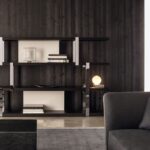 DALTON chrome bookcase that can be the star player in any living space, thanks to the new finishes that lend it a strongly contemporary decorative allure. Bookcase comes in a series of new finishes that multiply the number of ways it can be used and lead the way to new stylistic interpretations. The new finishes include the possibility of having the back panels finished in warm grey or granite glossy lacquer, while the thick shelves are available in black sand-blasted oak.