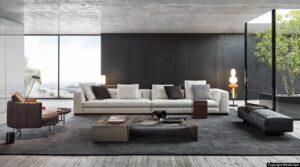 BLAZER sofa by RODOLFO DORDONI, designed in 2020. Virtuous combination of its design appeal, visible in the rigorous geometry of its volumes, and the haute couture approach exemplified by its precise, meticulous sartorial craftsmanship, blazer is one of the creations that best expresses the most authentic artisanal attitude of MINOTTI.