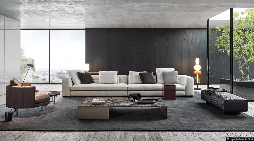 BLAZER sofa by RODOLFO DORDONI, designed in 2020. Virtuous combination of its design appeal, visible in the rigorous geometry of its volumes, and the haute couture approach exemplified by its precise, meticulous sartorial craftsmanship, blazer is one of the creations that best expresses the most authentic artisanal attitude of MINOTTI.