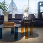 SOFA SHIKI BY DAMIAN WILLIAMSON 2019, SMALL TABLE ECHINO BY SEBASTIAN HERKNER 2019, ROTATING SELF UNIT JOY BY ACHILLE CASTIGLIONI 1989