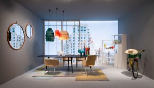 TABLE TWEED BY GARCIA CUMINI 2017,CHAIRS TUSA 2261/A  BY RODOLFO DORDONI 2019,ROTATING SHELF UNIT JOY BY ACHILLE CASTIGLONI 1989