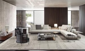 CONNERY seating system by RODOLFO DORDONI, designed in 2020. TORII NEST low armchairs by NENDO DESIGN