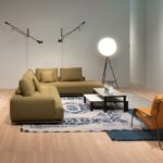 SOFA SHIKI BY DAMIAN WILLIAMSON 2019, ARMCHAIR MAGGIOLINA BY MARCO ZANUSO 1947 , COFFEE TABLES SPOTTY BY PIERRE CHARPIN, CONSOLE TABLE AND BENCH BY SUPERSTUDIO 1970