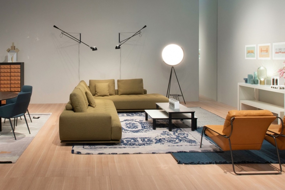 SOFA SHIKI BY DAMIAN WILLIAMSON 2019, ARMCHAIR MAGGIOLINA BY MARCO ZANUSO 1947 , COFFEE TABLES SPOTTY BY PIERRE CHARPIN, CONSOLE TABLE AND BENCH BY SUPERSTUDIO 1970