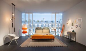 BED FLORIN BY ROBERTO LAZZERONI 2018.HEADBOARD FRAME AND FEET VENEERED IN OPEN PORE PAINTED ASH IN THE SHADES ASH-GREY, MUSTARD OR NAVY BLUE. UPHOLSTERY IN POLYURETHANE/HEAT-BOUND POLYESTER FIBRE. EXTERNAL REMOVABLE FABRIC OR LEATHER COVER. THE BASE HAS A STEEL FRAME WITH NATURAL BENT BEECH STRIPS (6,8 CM WIDE). THE MODEL WITH SEPARATE SPRINGING AND WITH DECORATIVE FABRIC HENRI (MISIA-CASAMANCE GROUP) IN TWO COMBINATIONS ARE AVAILABLE: HENRI BLU DI PRUSSIA ‚Äì QUADRIFOGLIO 27013 (1); HENRI AMETISTA ‚Äì QUADRIFOGLIO 27057 (2). UPON REQUEST: BED SIZE FOR 210 CM LONG MATTRESS AND SPRINGING WITH STRIPS 3,8 CM. WIDE.