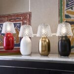 BABY CANDY LIGHT nomadic lamp. BABY CANDY LIGHT becomes now nomadic in 4 iconic colors: glossy Baccarat red, matte bronze, matte white and matte black. Wireless, this nomadic lamp is an elegant and playful solution to light up and decorate indoor tables as well as terrace tables. Rechargeable, its ceramic body is topped with a crystal shade inspired by the Juvisy-cut motif. A button on the top of the lampshade enables to dim the light by a gentle and continuous touch.