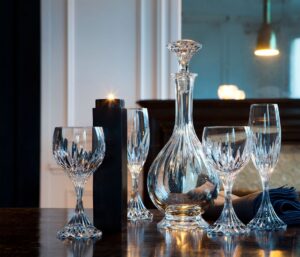 Crystal decanter, wine and champagne glasses MASS√àNA