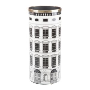 UMBRELLA STAND ARCHITETTURA. WHEREVER YOU MAY FIND SHELTER AFTER A WALK UNDER THE RAIN, MAKE SURE YOUR UMBRELLA STANDS IN FORNASETTI UMBRELLA STAND. ITS EXCEPTIONALLY CRAFTED SHAPE AND CAREFULLY SELECTED DESIGNS WILL TURN A RAINY DAY INTO A PRECIOUS ARTISTIC EXPERIENCE. DETAILS- COLOUR: BLACK AND WHITE, HEIGHT: 57CM, DIAMETER; 26CM