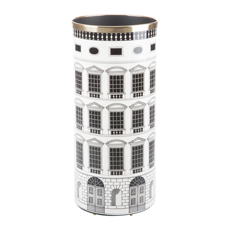 UMBRELLA STAND ARCHITETTURA. WHEREVER YOU MAY FIND SHELTER AFTER A WALK UNDER THE RAIN, MAKE SURE YOUR UMBRELLA STANDS IN FORNASETTI UMBRELLA STAND. ITS EXCEPTIONALLY CRAFTED SHAPE AND CAREFULLY SELECTED DESIGNS WILL TURN A RAINY DAY INTO A PRECIOUS ARTISTIC EXPERIENCE. DETAILS- COLOUR: BLACK AND WHITE, HEIGHT: 57CM, DIAMETER; 26CM
