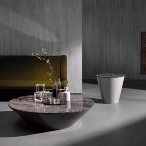 POND coffee table designed by MARCO ACERBIS.A playful and spirited re-imagination of quintessential Italian living room pieces, the POND family of cocktail and side tables, with a conical base that seems to disappear into shadow, creates an illusion of a watery surface in high-gloss glass, or intrigues with the mosaic of minerals and grains of the marble top.    Easily adaptable to various spaces, the tables come in a range of measurements, with a 120 cm version on removable wheels which are hidden inside the base.