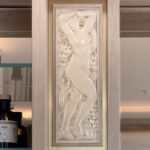 CRYSTAL PANEL FEMME BRAS LEV√âS ORIGINALLY DESIGNED BY REN√â LALIQUE IN 1928AT LALIQUE SUITE'S BAR BY PATRICK HELLMANN AT PRINCE DE GALLES HOTEL. PARIS