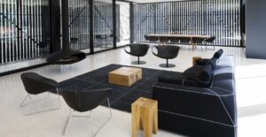 SMOCK AND FJORD ARMCHAIRES BY PATRICIA URQUIOLA - BERESFORD CELLAR DOOR, MCLAREN VALE, AUSTRALIA, 2016  INTERIORS: ENOKI PTY LTD ARCHITECTURE: ALEXANDER BROWN ARCHITECTS PHOTO CREDIT: CR3 STUDIO