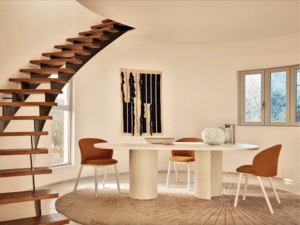 BOL table by ZAVEN, designed in 2023.Hard polyurethane bases matt lacquered in the shades talc, caramel and algae or glossy lacquered in the shades talc, caramel metallic and algae metallic in combination with MDF tops in the same matt lacquered colours talc, caramel and algae.