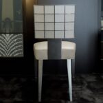 COUTARD CHAIR BY PIERRE-YVES ROCHON , BACK OF THE CHAIR ADORNED WITH CRYSTAL, SILK, BRONZE LACQUERED WOOD.