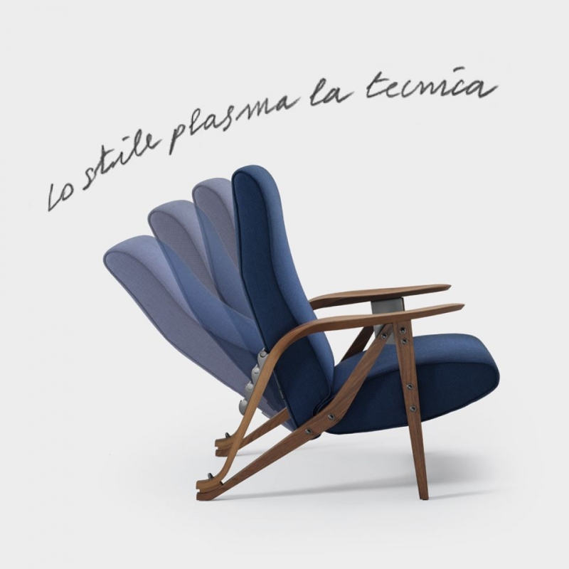 ARMCHAIR GILDA BY CARLO MOLLINO 1953.GILDA, AN EVOCATIVE NAME OF FEMININITY AND SENSUALITY.A RECLINING ARMCHAIR WITH FOUR POSITIONS, WHICH REPRESENTS MOLLINO'S ECLECTIC STYLE.THE FRONT LEGS ARE JOINED TO THE REAR ONES WITH A SINGLE PIECE OF SOLID WOOD WHERE THE WELCOMING ARMREST TAKES SHAPE, SIMILAR TO A LEAF, LARGE ENOUGH TO HOLD A BOOK OR A PAIR OF GLASSES.  THE SEAT AND BACKREST SEEK ERGONOMICS AND COMFORT.