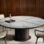 FULL table by ROBERTO LAZZERONI designed 2020. Table made in solid American walnut and veneered poplar plywood. Base covered with solid American walnut wood strips. Base-frame in burnished brass. Top in marble or wood.