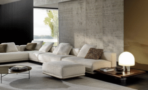 HORIZONTE modular seating system by MARCIO KOGAN / STUDIO MK27, designed 2022.It is not only the dimensions that characterise these modules, but also their unprecedented softness, capable of maintaining a precise formal aesthetic, despite their welcoming sinkable effect. Comfort is in fact guaranteed by an innovative technology that uses pocketed springs inserted in variable-density polyurethanes that allow the memory of the shapes to be maintained and the seat to return to its original form, modelling itself to the shape of the user.