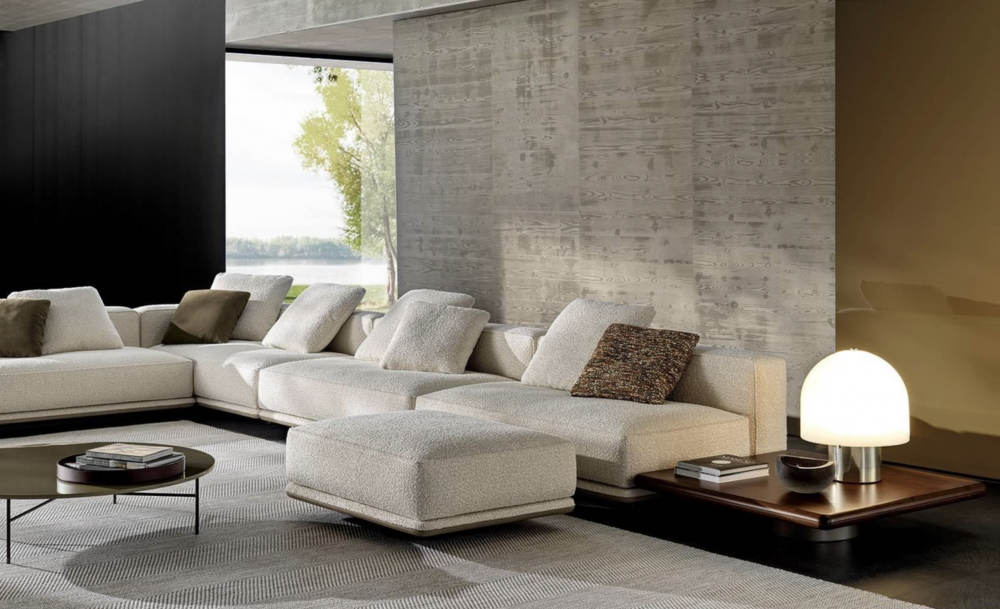 HORIZONTE modular seating system by MARCIO KOGAN / STUDIO MK27, designed 2022.It is not only the dimensions that characterise these modules, but also their unprecedented softness, capable of maintaining a precise formal aesthetic, despite their welcoming sinkable effect. Comfort is in fact guaranteed by an innovative technology that uses pocketed springs inserted in variable-density polyurethanes that allow the memory of the shapes to be maintained and the seat to return to its original form, modelling itself to the shape of the user.