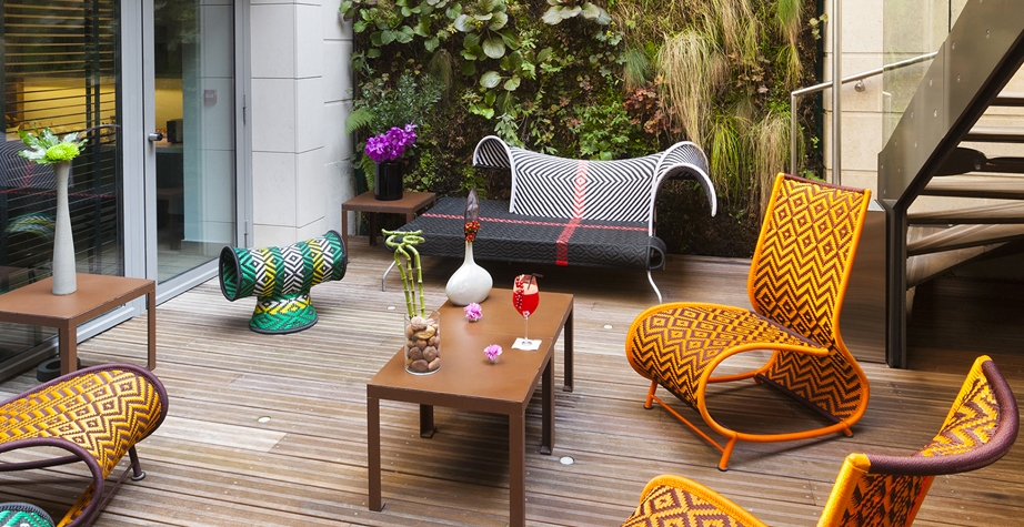 SHADOWY ARMCHAIR BY TORD BOONTJE, TOOGOU SMALL ARMCHAIR BY AYSE BIRSEL & BIBI SECK, STOOL AND CARDAMONE SOFA BY PATRICIA URQUIOLA - HOTEL C2, MARSEILLE, FRANCE, 2015