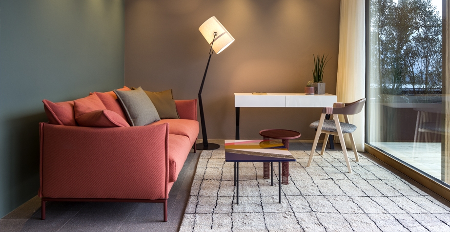 MATHILDA CHAIR, GENTRY SOFA AND FISHBONE LOW TABLE BY PATRICIA URQUIOLA; NET LOW TABLE BY BENJAMIN HUBERT - HOTEL MUCHELE MERANO, ITALY, 2015  INTERIORS: MOROSO CREATIVE TEAM WITH ARCHITEKTEN STEPHAN MARX ELKE LADURNER ARCHITECTURE: ARCHITEKTEN STEPHAN MARX ELKE LADURNER