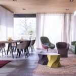 BOHEMIAN SOFA AND ARMCHAIR, BLOOMY SMALL ARMCHAIR, RIFT CHAIR AND KLARA ARMCHAIR BY PATRICIA URQUIOLA; TWIST AGAIN STOOL BY KARMELINA MARTINA - HOTEL MUCHELE, MERANO, ITALY, 2015.  INTERIORS: MOROSO CREATIVE TEAM WITH ARCHITEKTEN STEPHAN MARX ELKE LADURNER ARCHITECTURE: ARCHITEKTEN STEPHAN MARX ELKE LADURNER