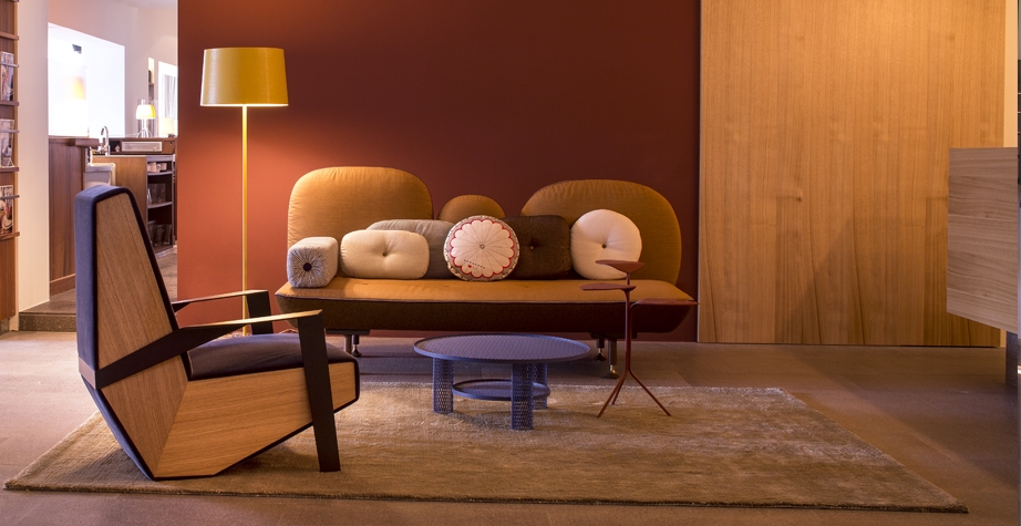 MY BEAUTIFUL BACKSIDE SOFA BY NIPA DOSHI & JONATHAN LEVIEN, SILVER LAKE SMALL ARMCHAIR BY PATRICIA URQUIOLA, MORNING GLORY LOW TABLE BY MARC THORPE AND NET LOW TABLE BENJAMIN HUBERT - HOTEL MUCHELE MERANO, ITALY, 2015  INTERIORS: MOROSO CREATIVE TEAM WITH ARCHITEKTEN STEPHAN MARX ELKE LADURNER ARCHITECTURE: ARCHITEKTEN STEPHAN MARX ELKE LADURNER