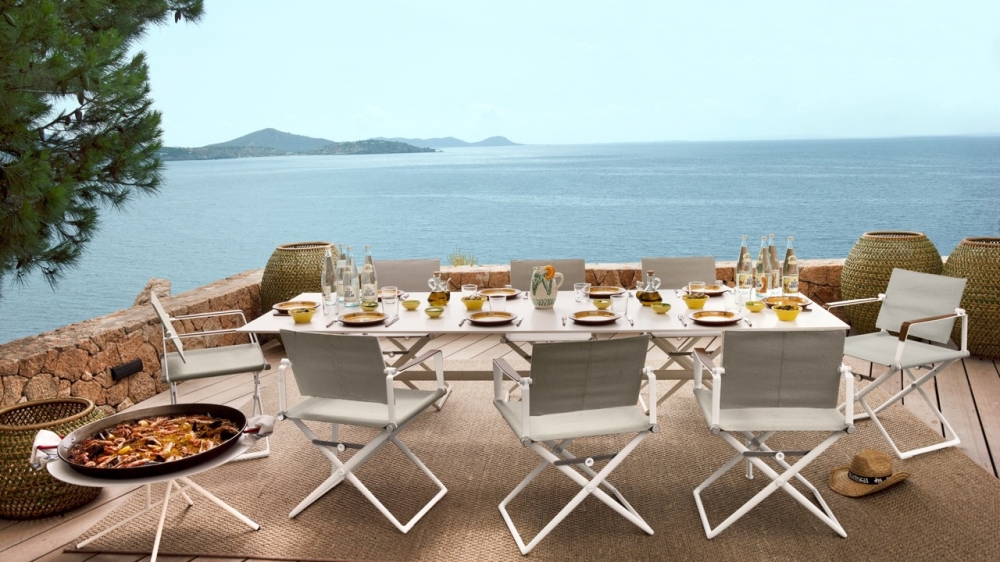 Folding armchairs and dining table SEAX by French designer JEAN-MARIE MASSAUD