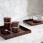 Silver plated teapot SILVER TIME - designer JEAN-MARIE MASSAUD; cherry wood and silver plated trays and tea boxes KI DE CHRISTOFLE