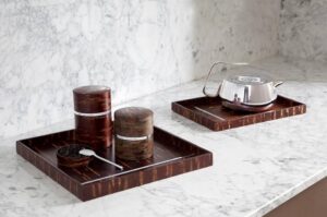 Silver plated teapot SILVER TIME - designer JEAN-MARIE MASSAUD; cherry wood and silver plated trays and tea boxes KI DE CHRISTOFLE