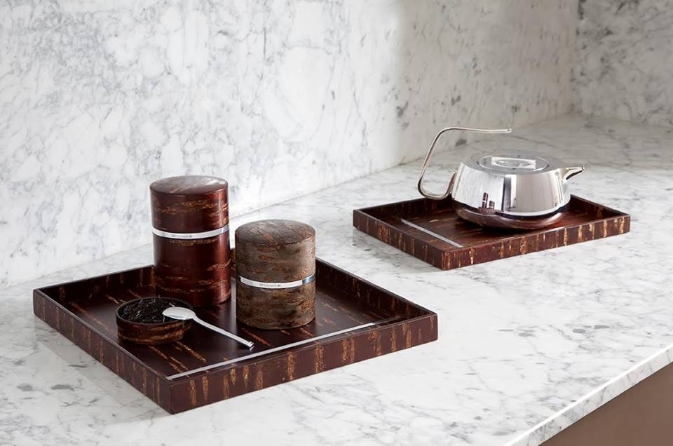 Silver plated teapot SILVER TIME - designer JEAN-MARIE MASSAUD; cherry wood and silver plated trays and tea boxes KI DE CHRISTOFLE