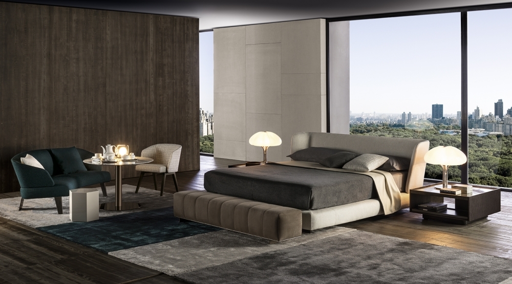 BED CREED, SIDE TABLES ELLIOTT OUTDOOR, SOFA CREED, TABLE BELLAGGIO BRONZE, LITTLE ARMCHAIR CREED, SIDE TABLE AERON, RUG DIBBETS RUG - DESIGNER RODOLFO DORDONI