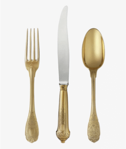 ELYS√âE  cutlery collection. This early 18th-century Bavarian-style service has graced the ceremonial tables of the Presidents of the French Republic at the √âlys√©e Palace since the late 1940s. The delicate chasing on the sterling silver handles requires meticulous hand-finishing. The elegance of the ELYS√âE model can be enhanced by the addition of ornamental gems: a cabochon of onyx, jade or red jasper is set and placed √† la fran√ßaise on the bottom of the handles.