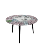 TABLE ORTENSIA. THE ROUND¬†TABLE¬†IS DRESSED WITH THE D√âCOR ORTENSIA (HYDRANGEA), A RECENT REINVENTION BY BARNABAFORNASETTI. THIS MOTIF ENRICHES THE SERIES TEMA E VARIAZION (THEME AND VARIATIONS) WITH A REINTERPRETATION OF LINA CAVALIERI ICONIC FACE PEEKING AT THE OBSERVERS BEHIND COLOURFUL AND JOYFUL HYDRAGEAS, THE SAME PLANTS THAT HAVE SURROUNDED CASA FORNASETTI IN MILAN FOR 60 YEARS. THE TABLE IS PRINTED, LACQUERED AND PAINTED BY HAND.