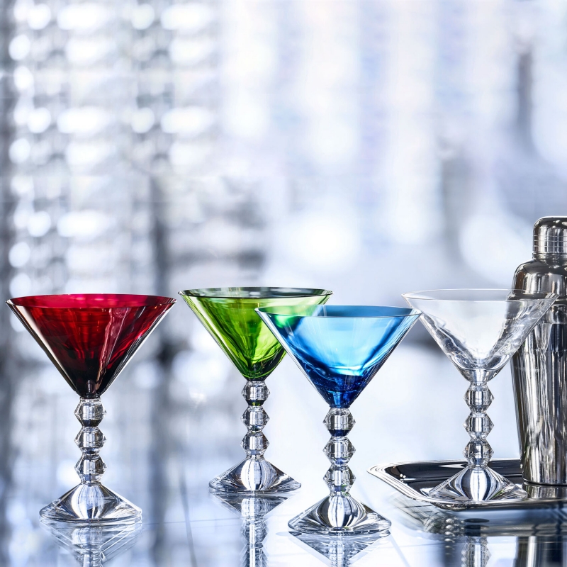 V√âGA martini glasses. The geometric stem is eye-catching, a stack of three diabolo shaped Baccarat crystal pieces resembling exquisite beads strung together or Brancusi's geometric totems. Iconic lineage.