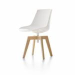 FLOW IROKO indoor and outdoor chair by JEAN-MARIE MASSAUD, designed in 2020. FLOW, icon of MDF Italia collection, renews itself and, thanks to the Iroko wooden base, it is also suitable for outdoor spaces. FLOW chair IROKO also meets the various design needs for contract, hospitality, and restaurant business. The swivel 4-legged base, is made of solid IROKO, a very dense African wood, highly resistant to bad weather, light and extremes of temperature. A characteristic of thus wood is its smooth, even surface. All parts made of IROKO are treated using an exclusive varnish, specifically for outdoor use.