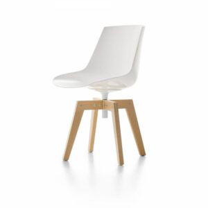 FLOW IROKO indoor and outdoor chair by JEAN-MARIE MASSAUD, designed in 2020. FLOW, icon of MDF Italia collection, renews itself and, thanks to the Iroko wooden base, it is also suitable for outdoor spaces. FLOW chair IROKO also meets the various design needs for contract, hospitality, and restaurant business. The swivel 4-legged base, is made of solid IROKO, a very dense African wood, highly resistant to bad weather, light and extremes of temperature. A characteristic of thus wood is its smooth, even surface. All parts made of IROKO are treated using an exclusive varnish, specifically for outdoor use.