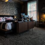 PERF CABINET, CHUBBY CHIC ARMCHAIR AND GIMME SHELTER BED BY DIESEL CREATIVE TEAM - MEGARO HOTEL LONDON, UK, 2018  DESIGNER: BLU SKY HOSPITALITY PHOTO CREDIT: MEGARO HOTEL