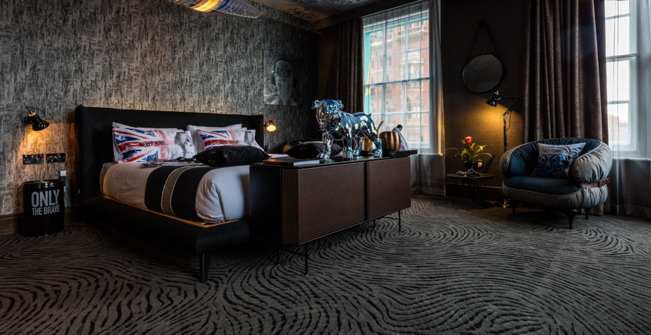 PERF CABINET, CHUBBY CHIC ARMCHAIR AND GIMME SHELTER BED BY DIESEL CREATIVE TEAM - MEGARO HOTEL LONDON, UK, 2018  DESIGNER: BLU SKY HOSPITALITY PHOTO CREDIT: MEGARO HOTEL