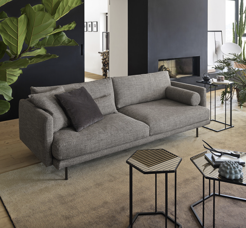 MIES SOFA sesigned by STEFANO CAVAZZANA. Contemporary stylishness and supreme comfort, this fixed or modular MIES sofa has deep inviting seat cushions that beckon you to sink in and relax.  The main feature of this sofa is the possibility of customising both the optional round headrests with metal buckles or the back cushions with any fabric from the collection. Infinitely comfortable.