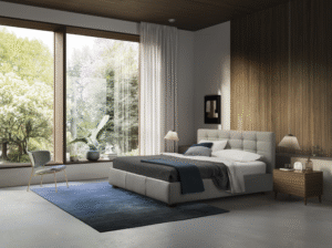 MONTEREY bed designed by DANIELE  LO SCALZO MOSCHERI. MONTEREY reworks the archetypal tradition of elegant diamond-tufted padding but puts a new spin on the pattern with sleek horizontal sections. Original quilting techniques have been adopted to celebrate the legendary expertise of Italian upholstery artisans. The item is available with three versions of the feet in wood or one version of the feet in metal with the option of choosing a look and height from the ground that suits the customer best. The MONTEREY bed is available with a fixed bed base or container unit. Can be upholstered in fabric or leather.