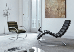 MR LOUNGE CHAIR and CHAISE by LUDWIG MIES VAN DER ROHE CA., designed in 1927. Lean back with its tubular steel frame and ergonomic sensibility, the MR SERIES are exemplary of MIES VAN DER ROHE‚Äôs unwavering belief in design that marries form and function.