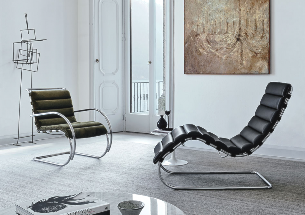 MR LOUNGE CHAIR and CHAISE by LUDWIG MIES VAN DER ROHE CA., designed in 1927. Lean back with its tubular steel frame and ergonomic sensibility, the MR SERIES are exemplary of MIES VAN DER ROHE‚Äôs unwavering belief in design that marries form and function.