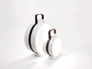 Porcelain lantern with leather belt NIGHTINGALE - designer CHIRSTOPHE DE LA FONTAINE